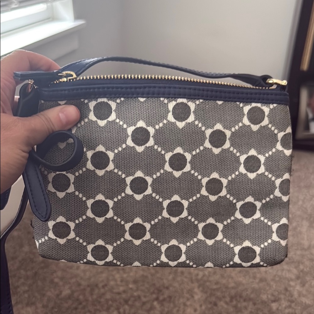 Draper James Blue and White Crossbody Bag with Geometric Pattern